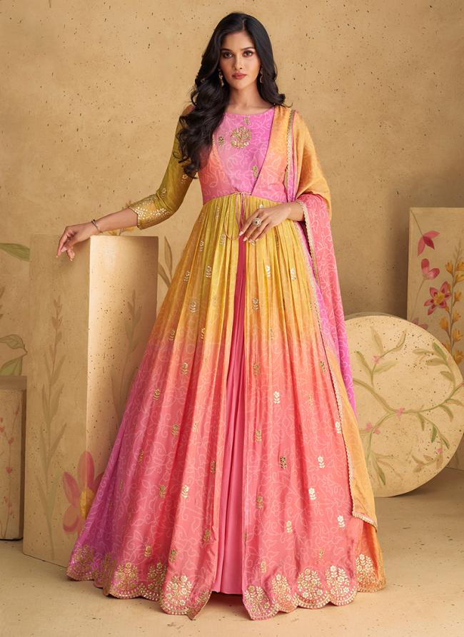 Real Chinnon Silk Multi Colour Party Wear Embroidery Work Readymade Gown With Dupatta